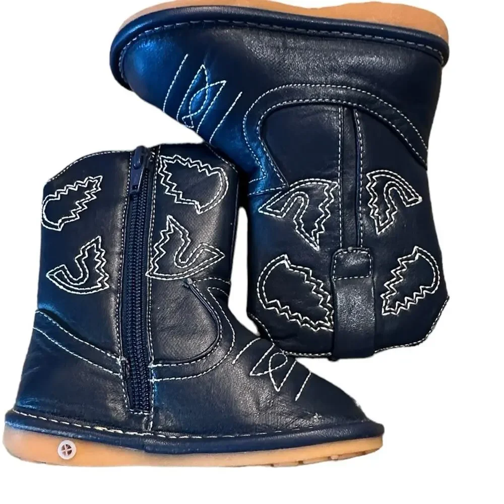 Alligators Squeaky Bottom Navy Blue Cowboy Boots with Zip Side For Babies